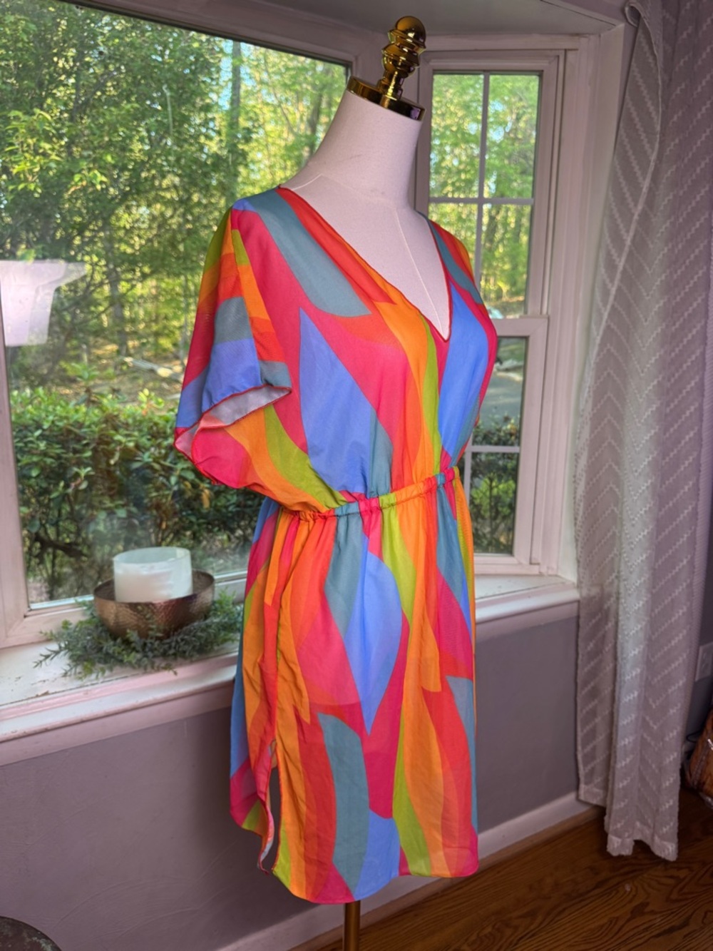 Bright Colorful Sheer Swim Cover Up Mini Dress V-Neck Elastic Waist - Picture 5 of 6
